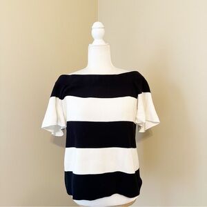Loft Off Shoulder Black White Stripe Flutter Sleeve Sweater - Large